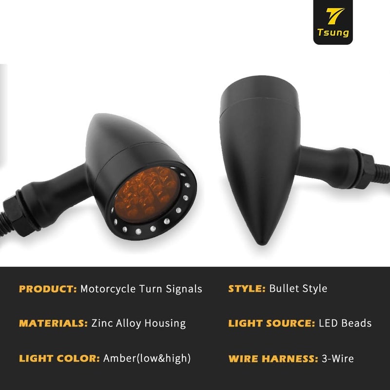 TSUNG Bullet LED Turn Signal Light Motorcycle Front Rear Indicator Small Blinker Universal for Cruiser Chopper Bobber Cafe Racer Street Bike (B-Black-Amber) - Image 2